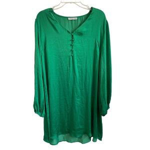 R.Vivimos Kelly Green Satin V-Neck Tunic Dress XL Long Lantern Sleeve Boho